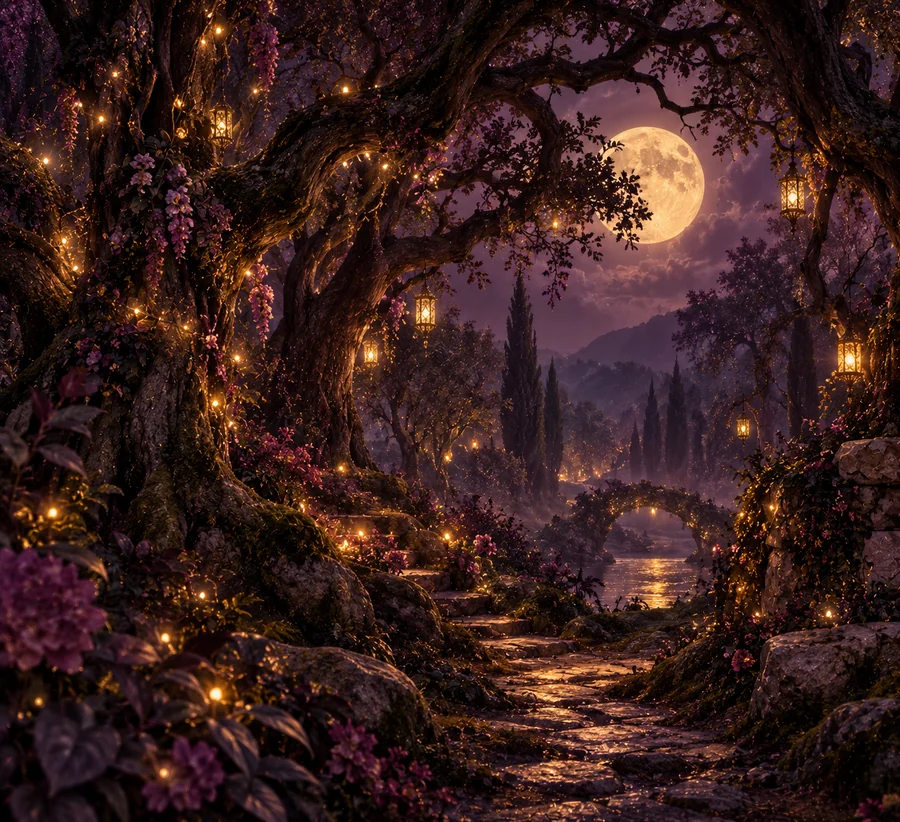 Moonlit fairy forest scene for A Midsummer Night's Dream