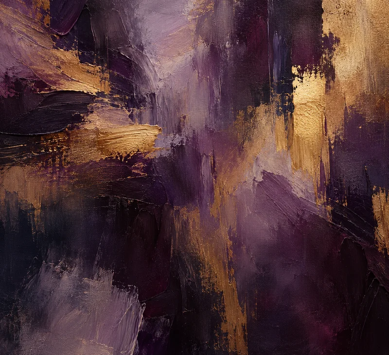 Untitled No. 7, abstract oil painting in deep plum and gold tones