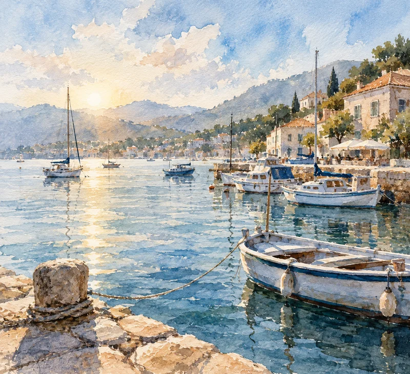 Harbour Morning, watercolor painting of a small harbor