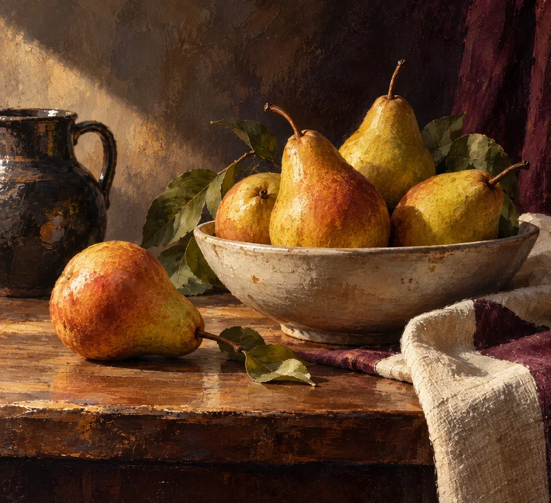 Still Life with Pears, classic acrylic still life painting