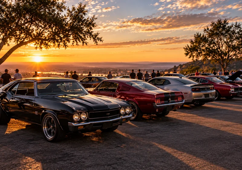 Cars parked together at a golden hour meetup
