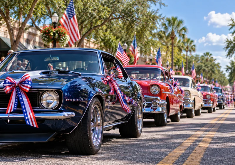 Line of decorated cars parked for a parade