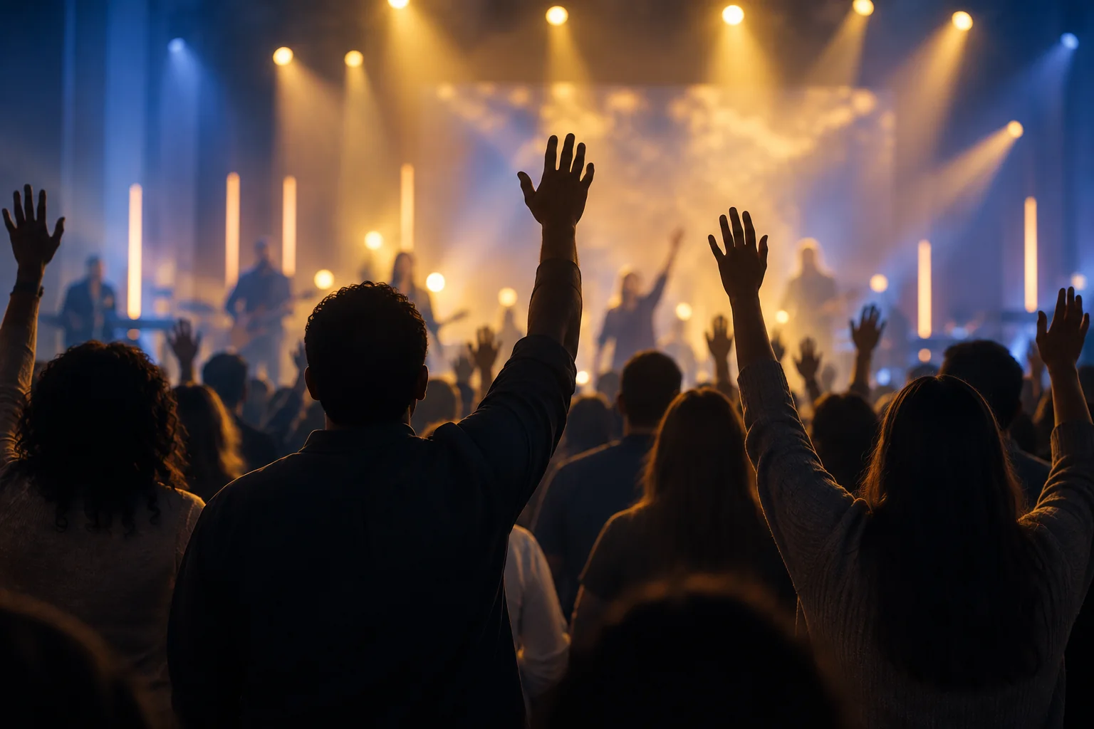 Congregation with raised hands in worship