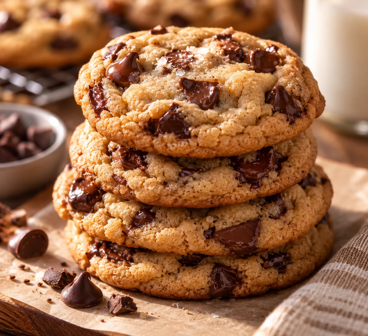 Stack of soft-baked chocolate chip cookies