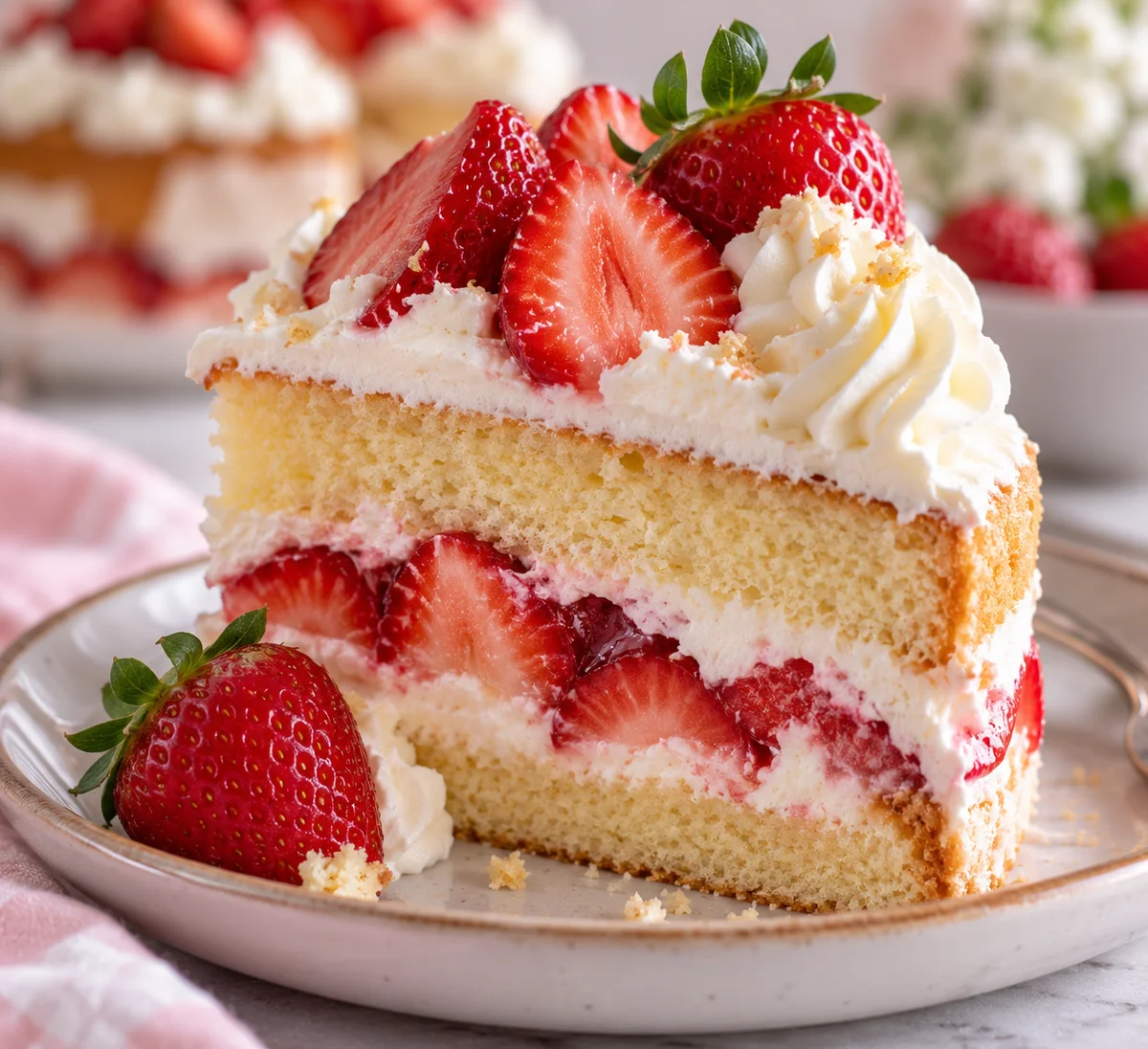 Slice of strawberry shortcake with fresh strawberries and whipped cream