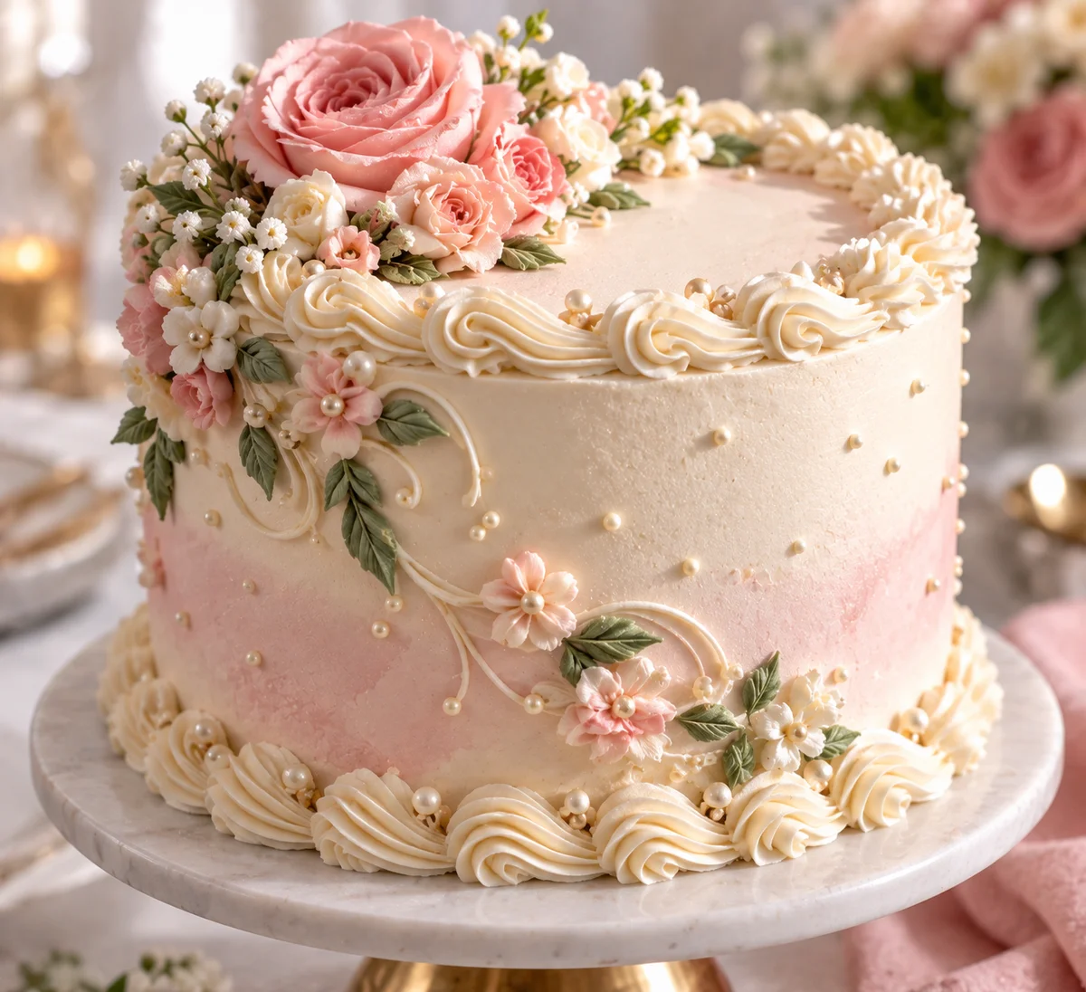 Elegant custom celebration cake with pink roses and piped detail