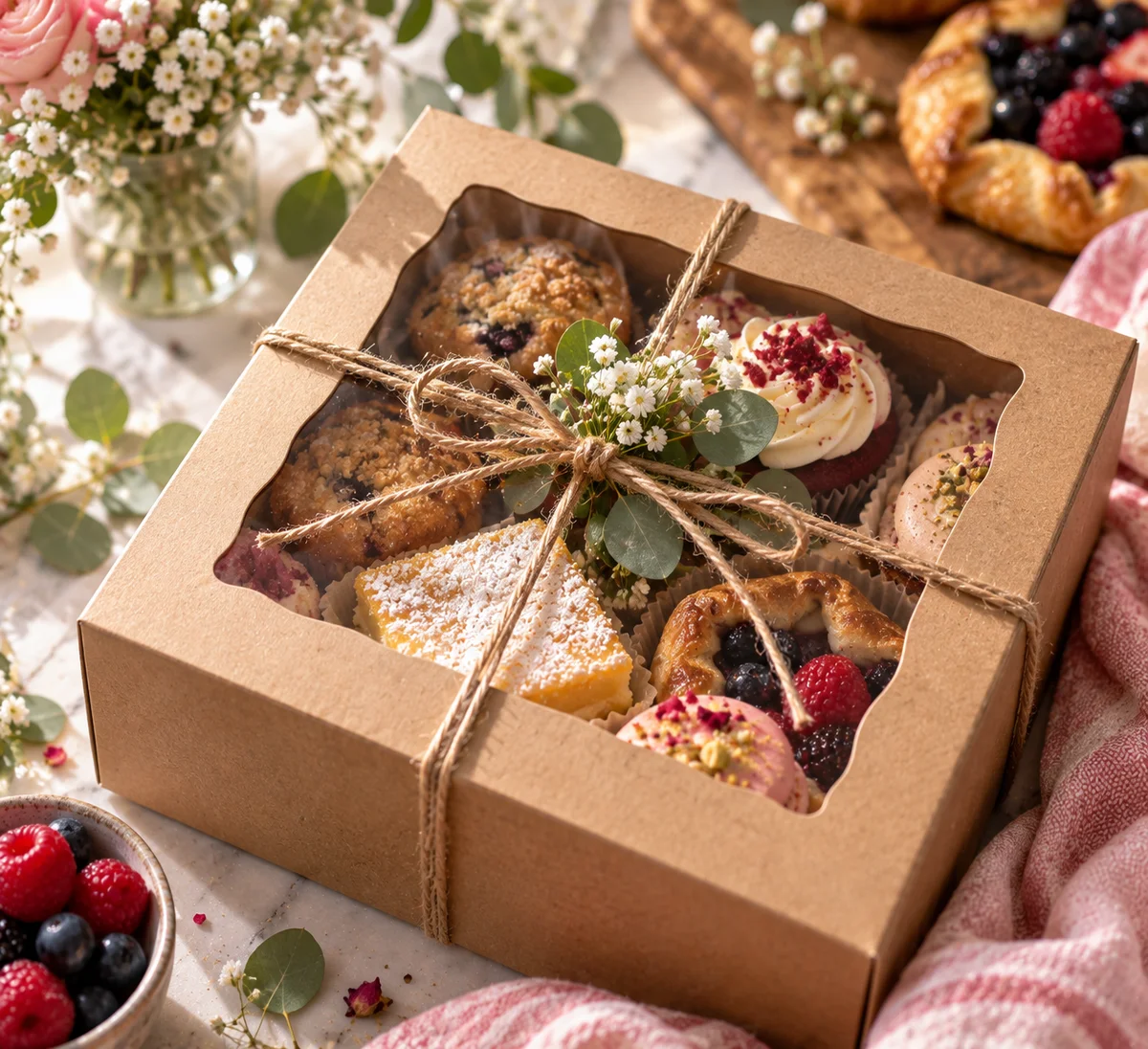 Bakery box filled with an assortment of pastries