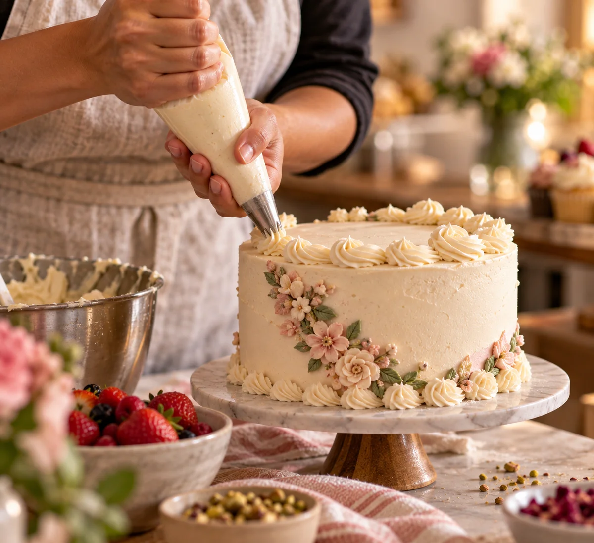 Baker piping frosting onto a decorated cake
