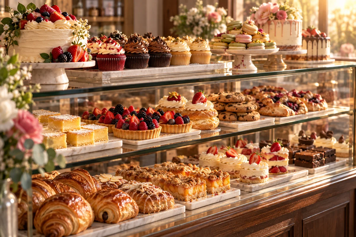 Bakery display case filled with an assortment of pastries and cakes