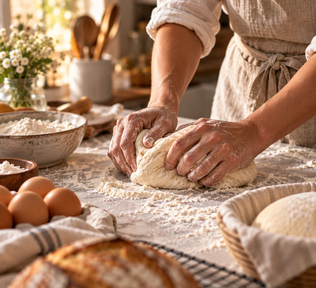 Baker's hands kneading dough on a floured counter