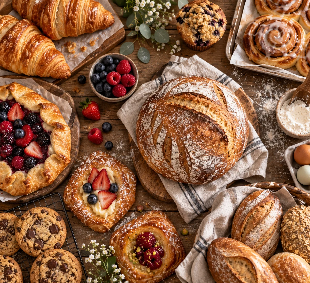 Overhead flat-lay of fresh-baked bread and pastries