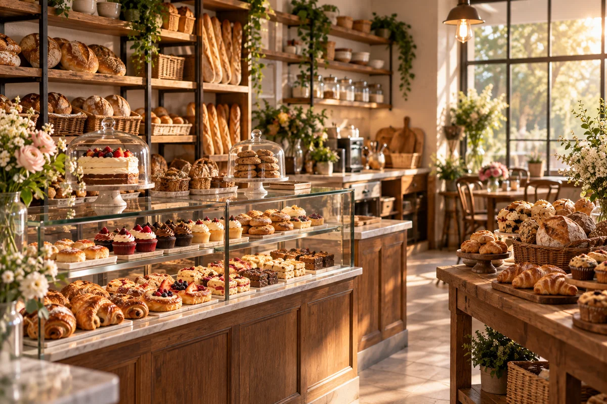 Warm, inviting bakery interior with wooden shelving and a display case