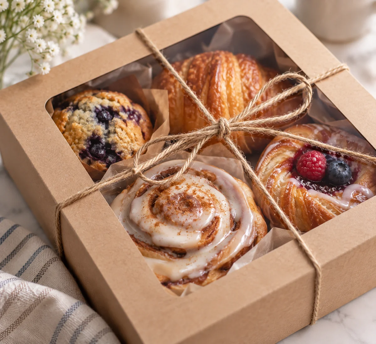 Bakery box filled with an assortment of pastries