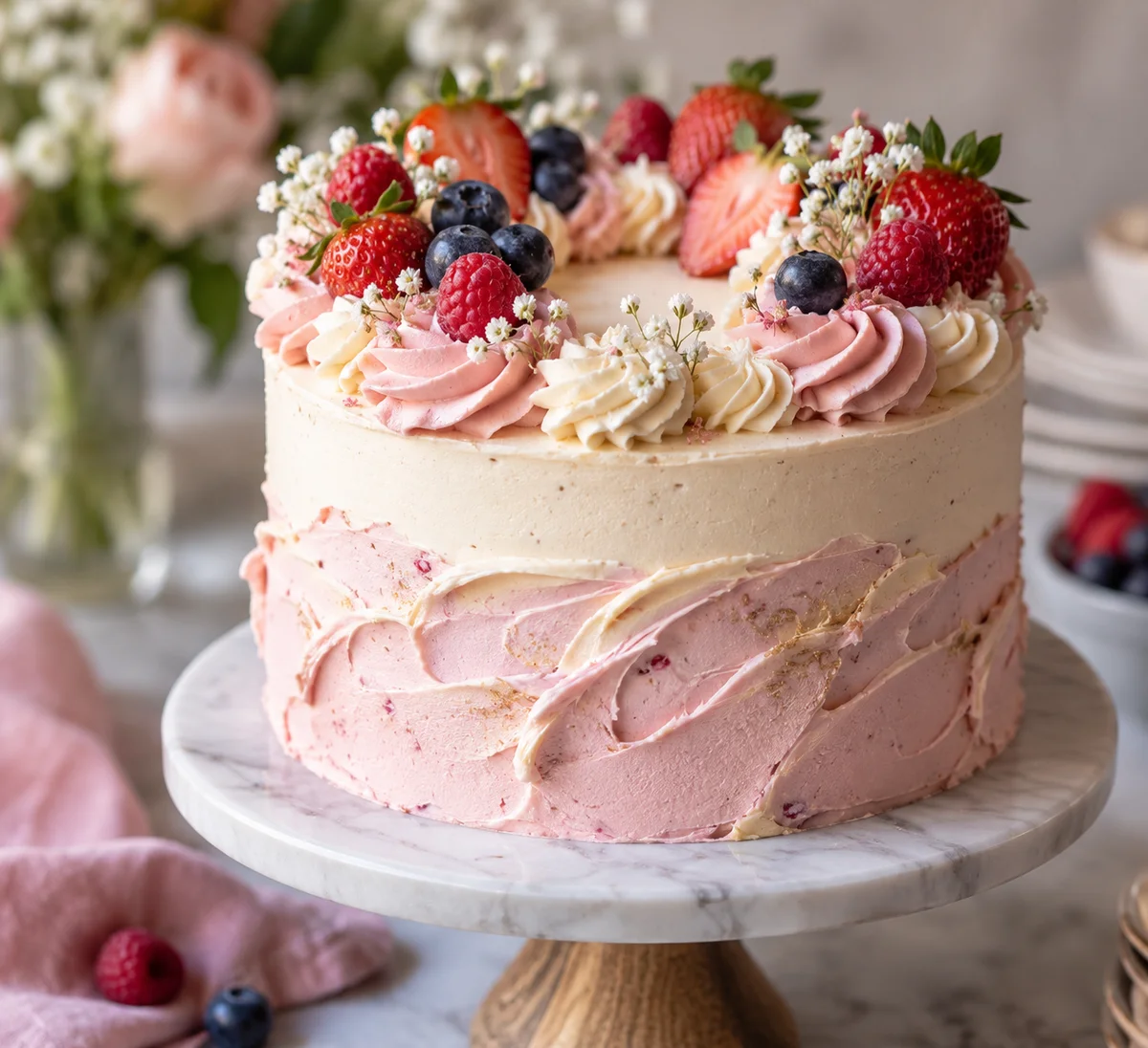 Beautifully decorated layer cake with pastel pink frosting and fresh berries