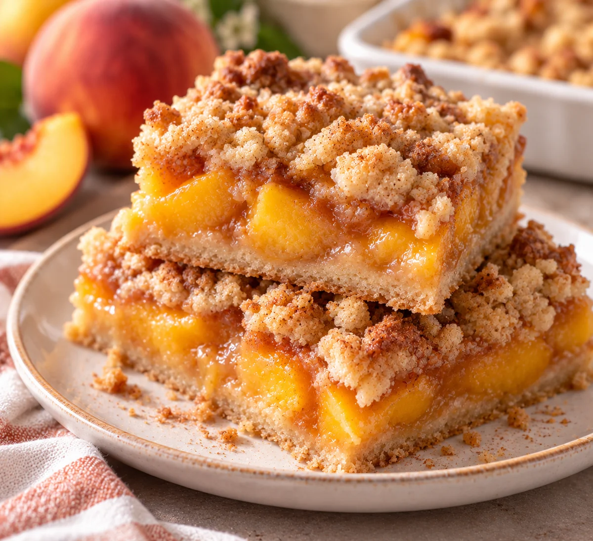 Peach cobbler bars with a buttery crumble topping
