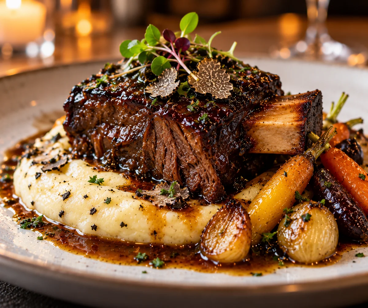 Braised short rib with truffle potato purée and glazed root vegetables