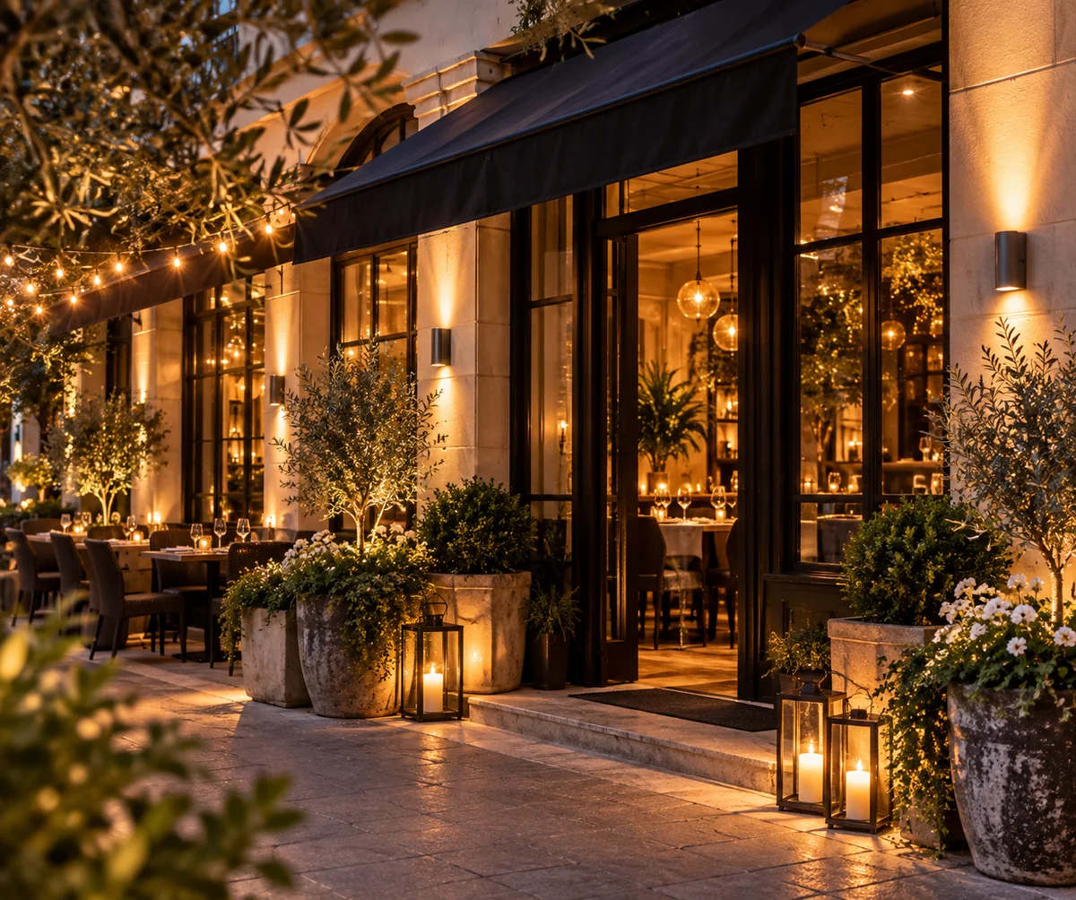 Warm, elegant restaurant storefront exterior at dusk