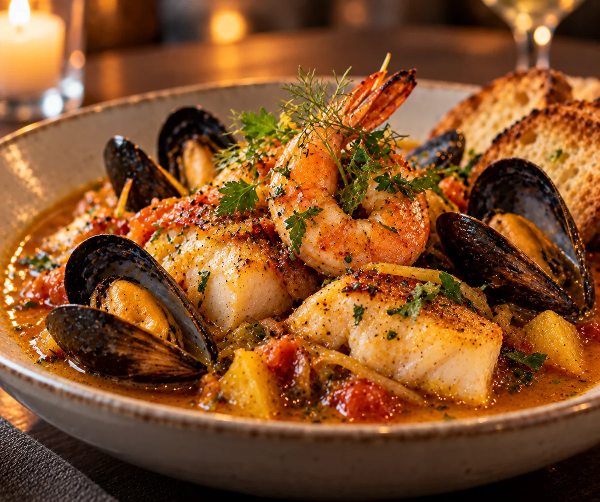 Elegantly plated seafood stew with mussels, shrimp, and white fish