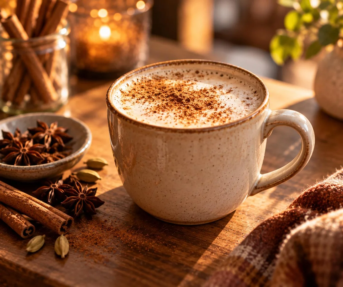 Chai tea latte with cinnamon sticks and star anise garnish