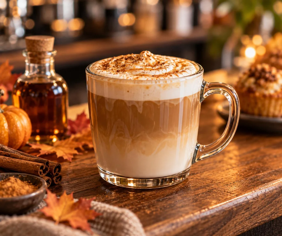 Maple latte in a glass mug topped with whipped cream and cinnamon