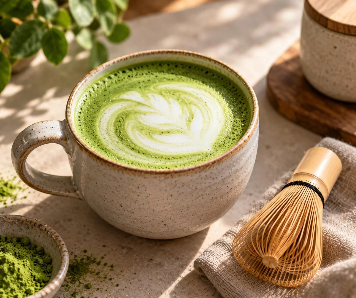 Matcha latte with milk swirl in a ceramic cup