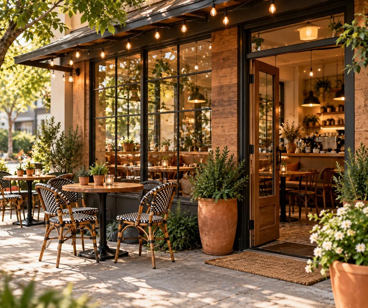 Charming café storefront exterior with outdoor seating and string lights