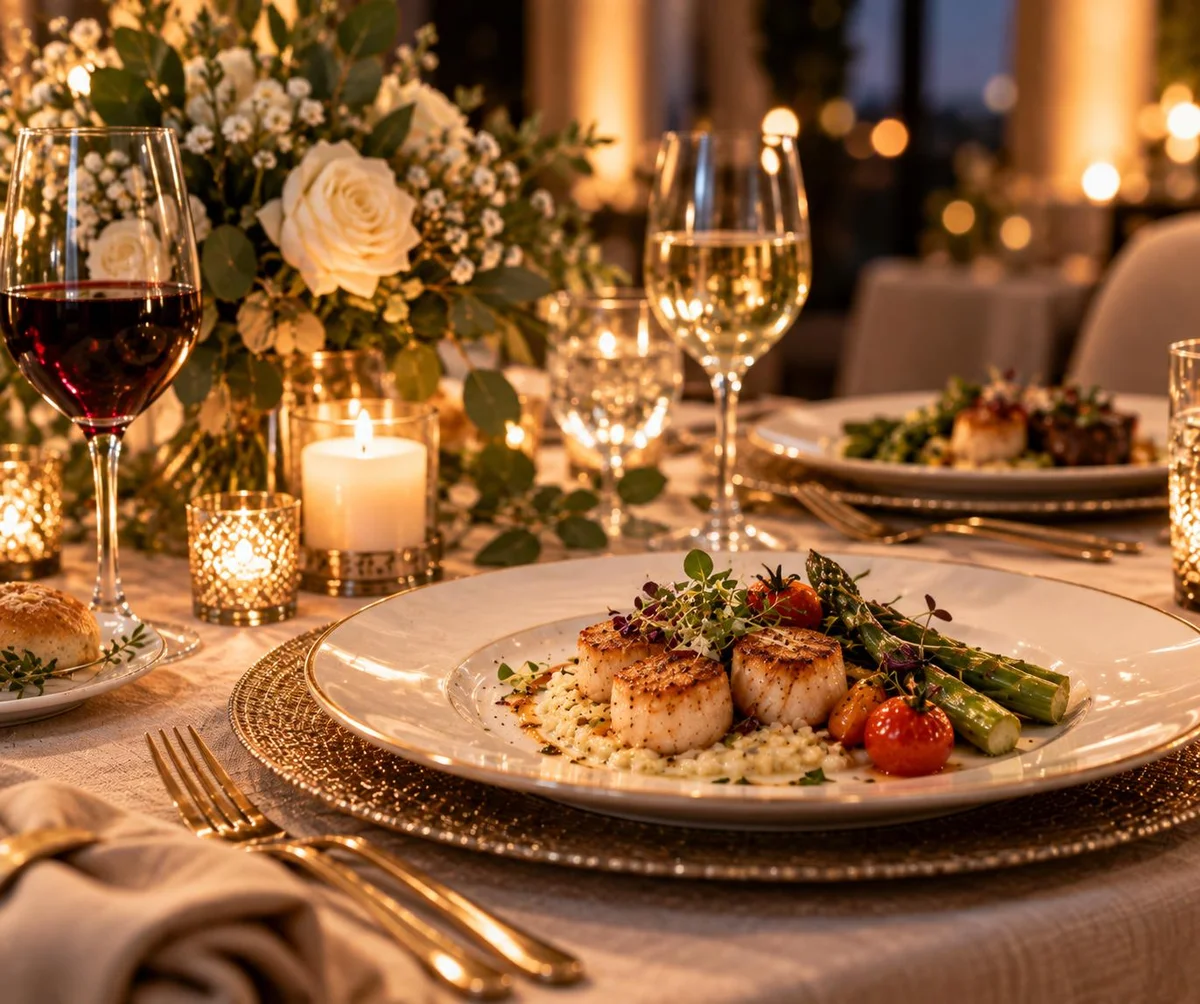 Intimate plated anniversary dinner with fine china and candlelight