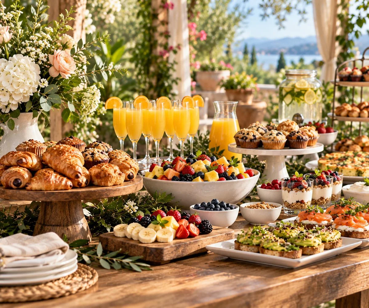 Bright outdoor brunch buffet with pastries, fruit, and mimosas