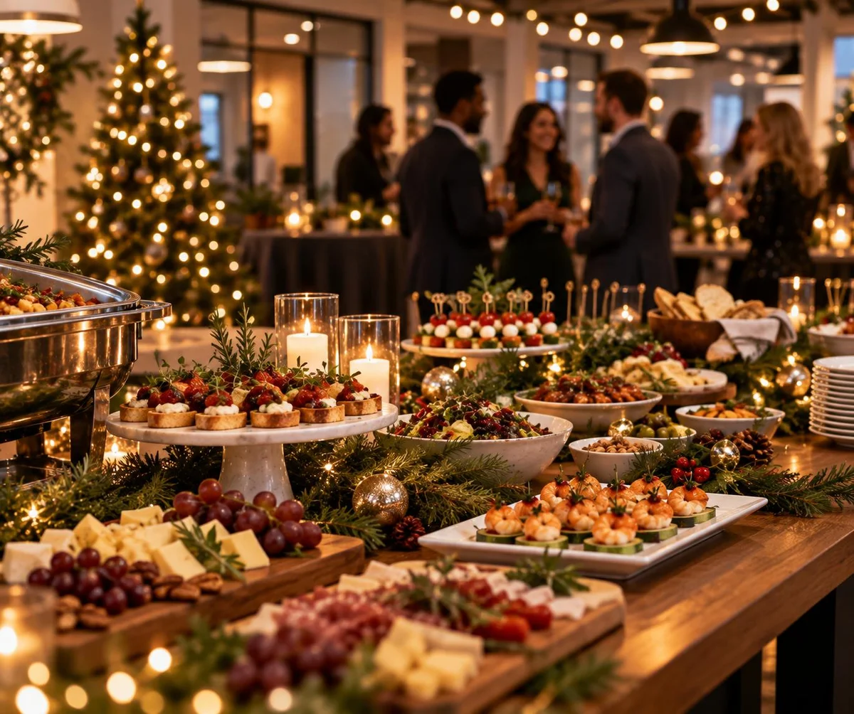 Festive holiday office party with a seasonal buffet spread