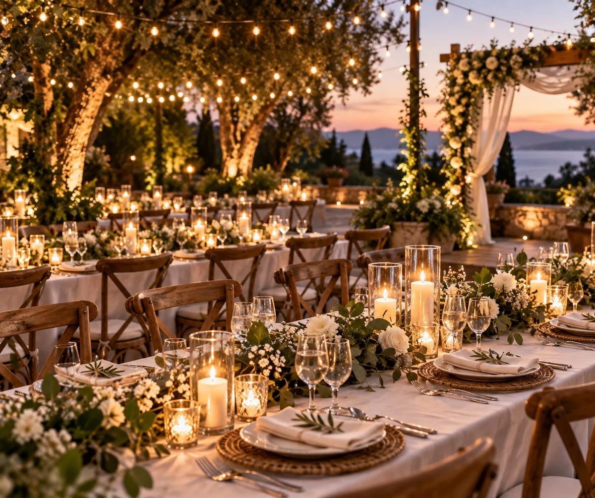 Elegant outdoor wedding reception with candlelit banquet tables and string lights