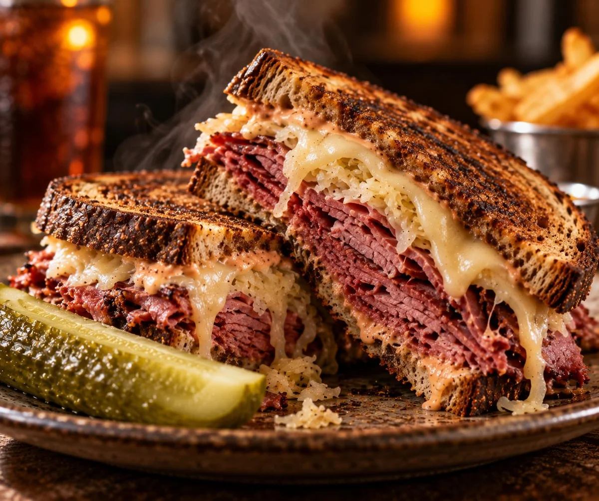 Grilled Reuben sandwich cut in half with melted swiss and steam rising