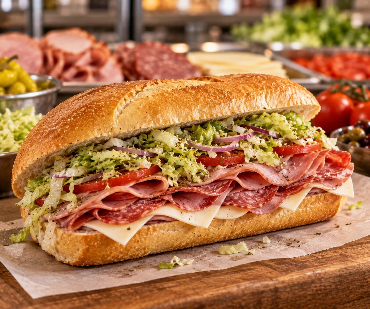 Italian sub with ham, salami, capicola, and provolone on a hoagie roll