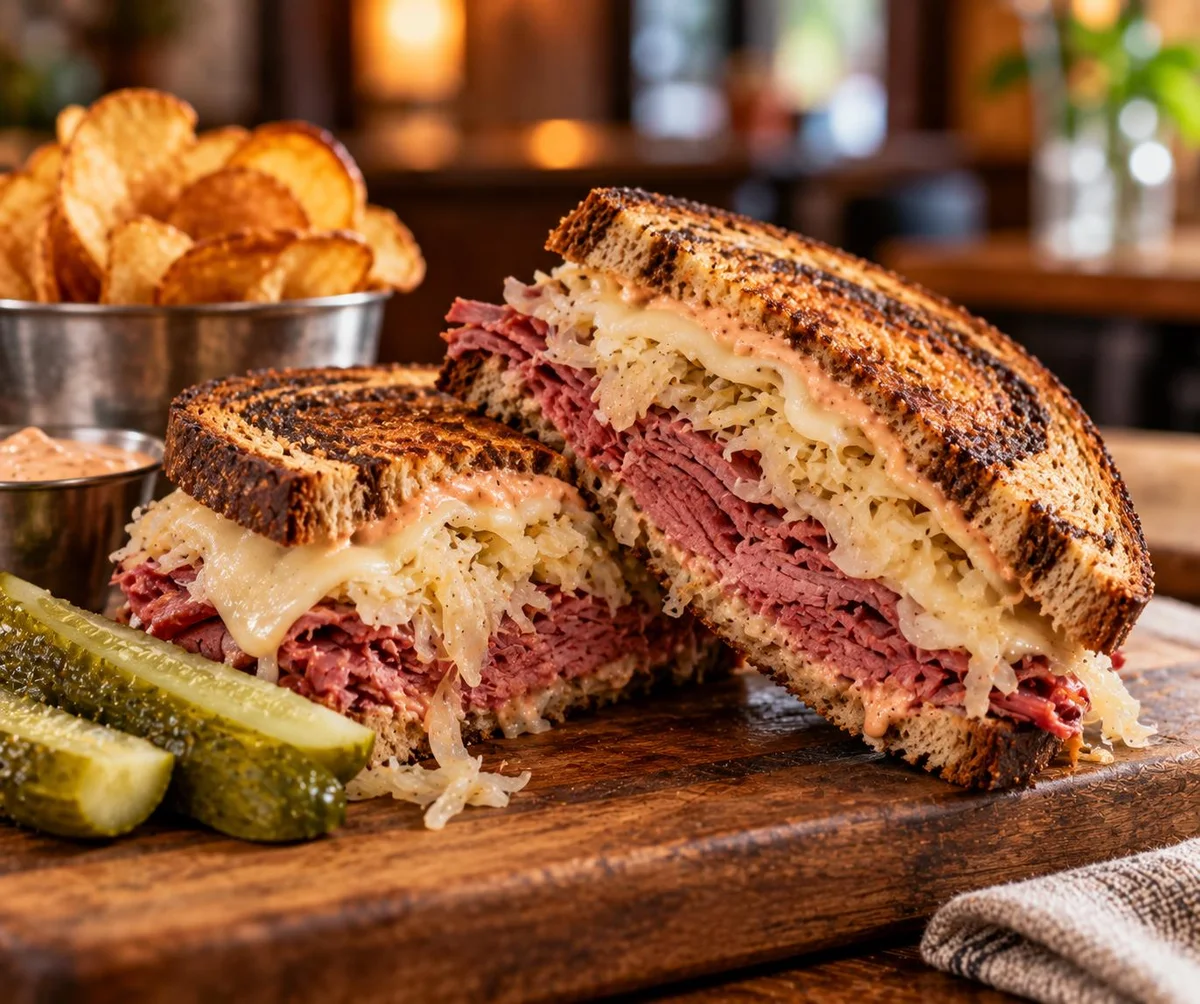 Classic Reuben sandwich with corned beef, swiss, and sauerkraut on grilled rye