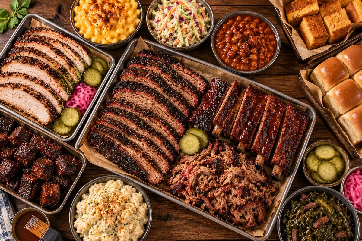 Large BBQ catering spread with trays of sliced meats, sides, and bread