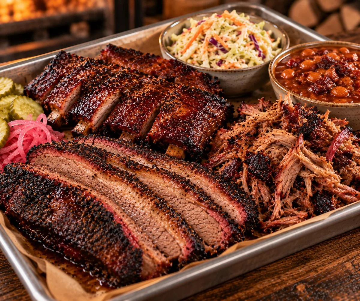 Combo BBQ platter with sliced brisket, ribs, and pulled pork