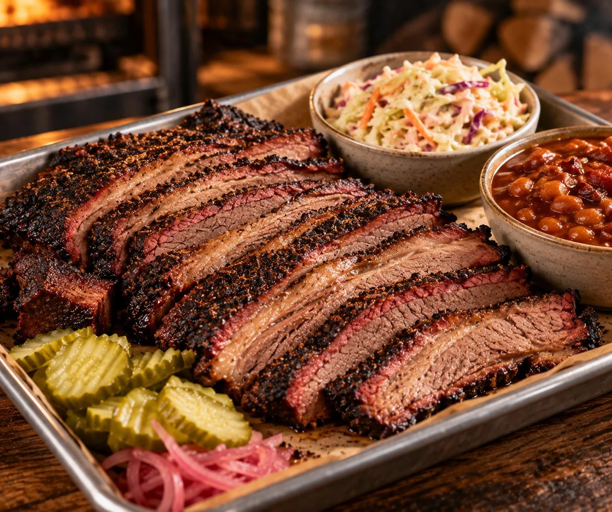 Sliced smoked brisket with dark bark and visible smoke ring, served with sides