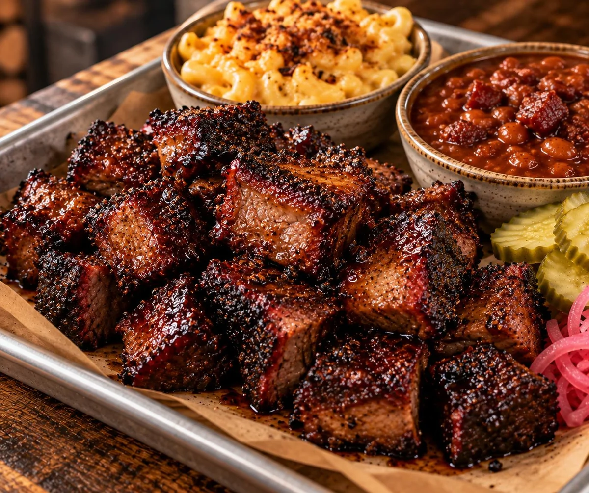Cubed caramelized brisket burnt ends with a dark sticky glaze, served with sides