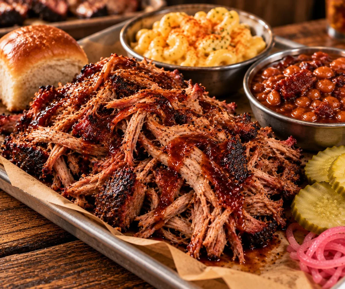 Hand-pulled smoked pork shoulder glazed with house BBQ sauce, served with sides