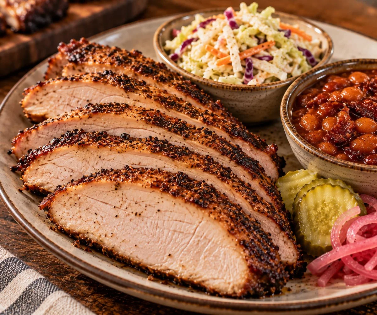 Thick-sliced smoked turkey breast with a peppery crust, served with sides