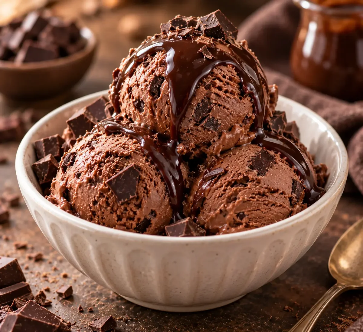 Scoops of double chocolate ice cream with chocolate chunks and fudge drizzle