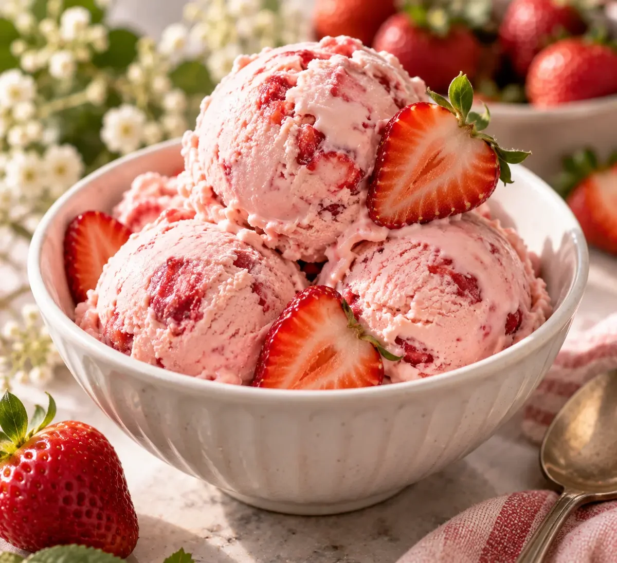 Scoops of strawberry ice cream with fresh strawberry slices