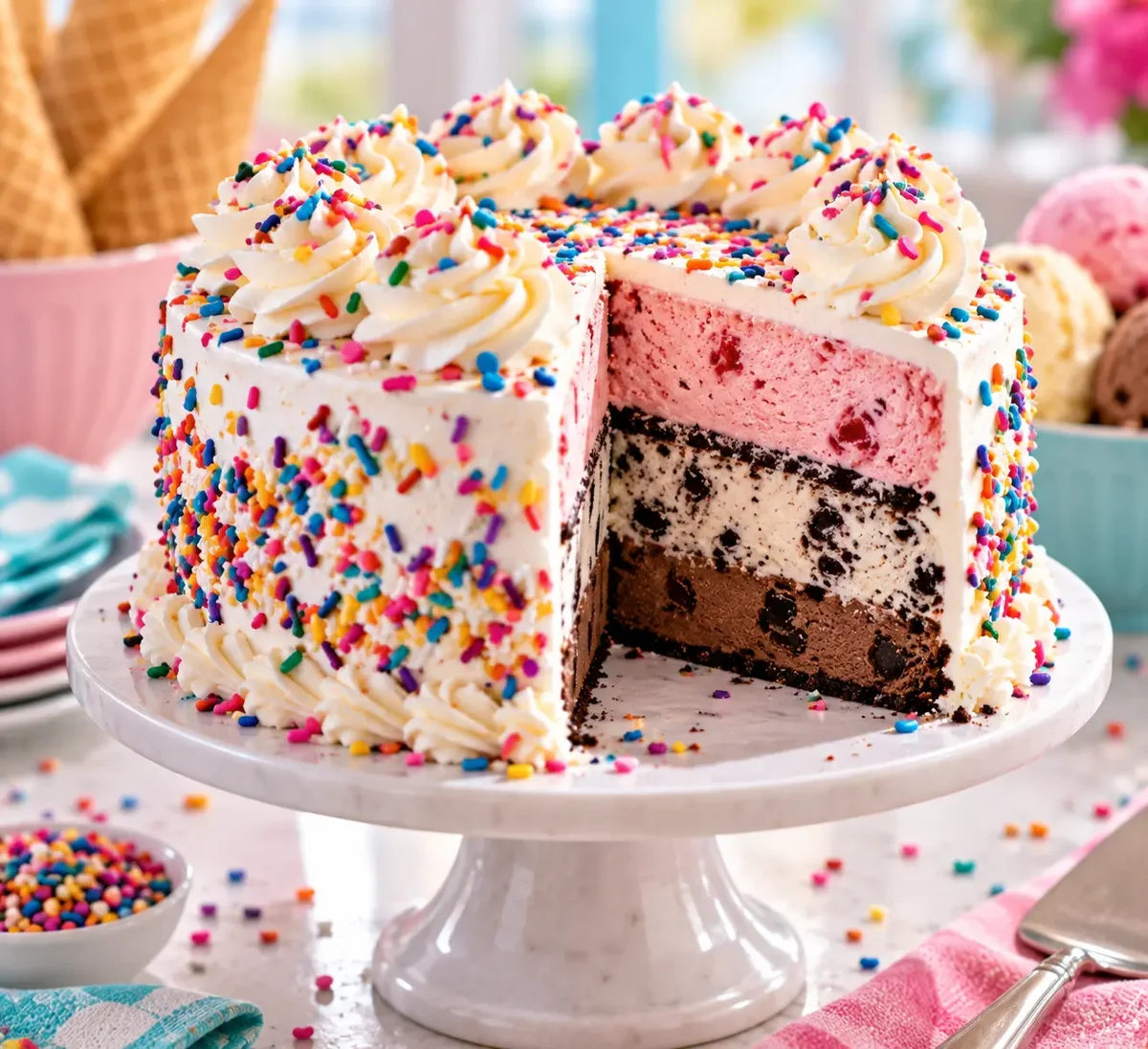 Decorated ice cream cake with sprinkles on a cake stand