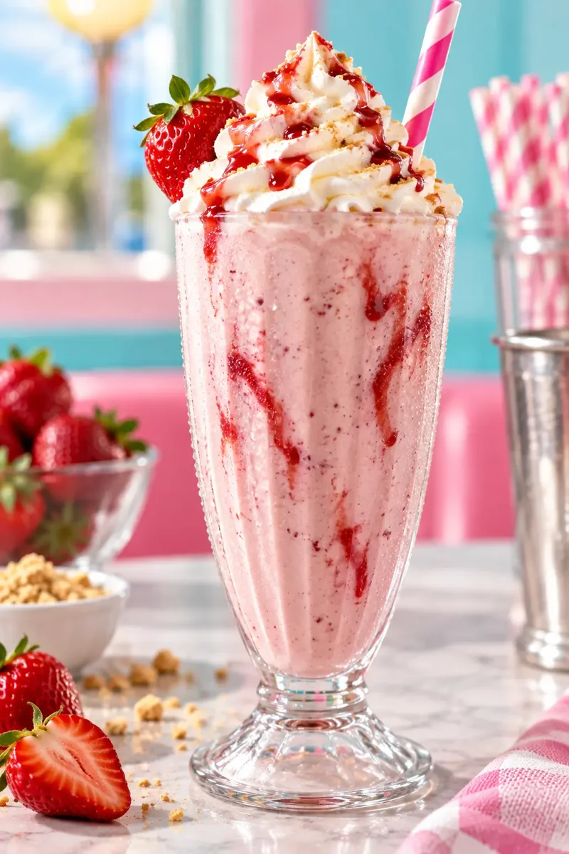 Thick milkshake in a tall glass with whipped cream