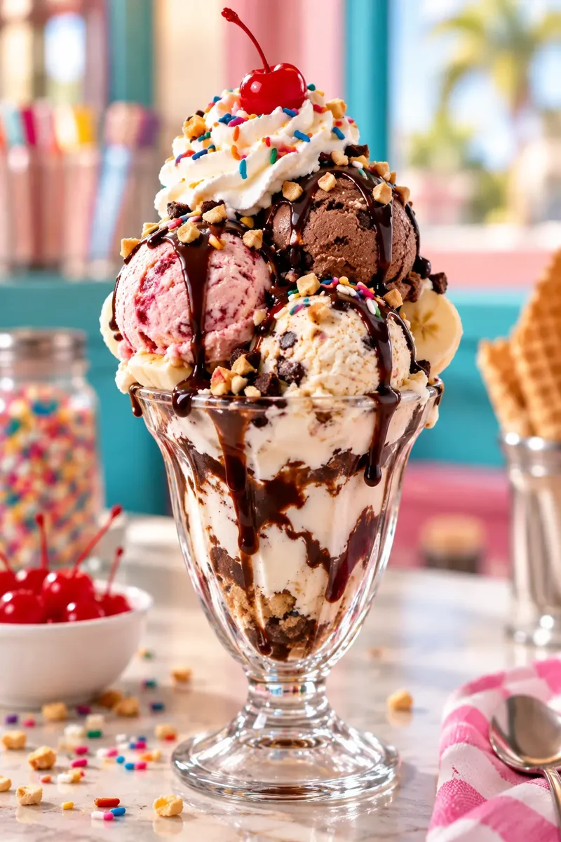 Towering ice cream sundae with whipped cream and a cherry on top