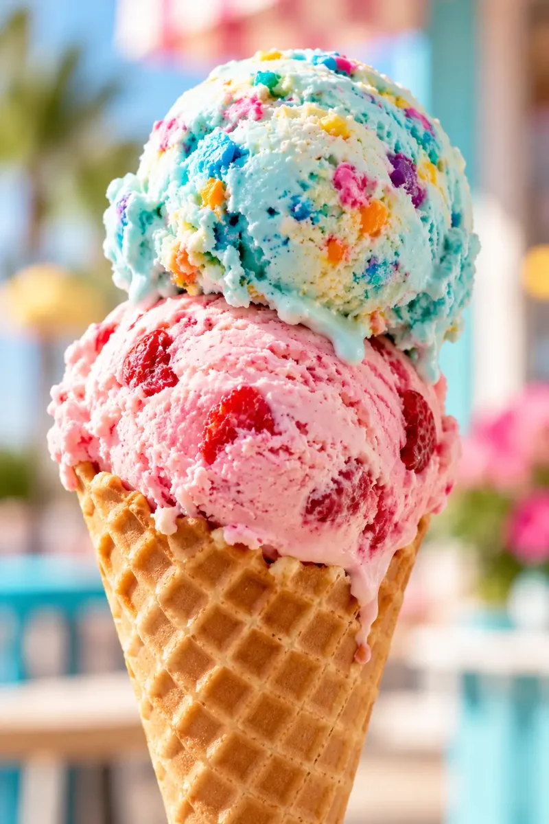 Waffle cone with two scoops of colorful ice cream
