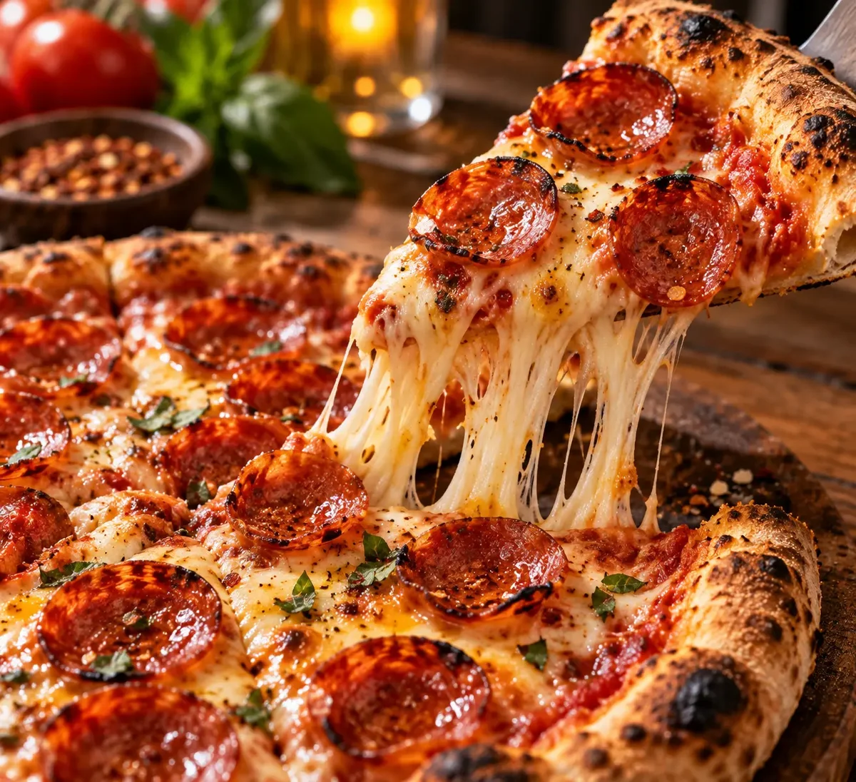 The Classic Pepperoni pizza with a cheese pull