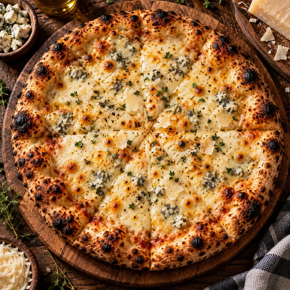 Four Cheese pizza with mozzarella, provolone, parmesan, and gorgonzola