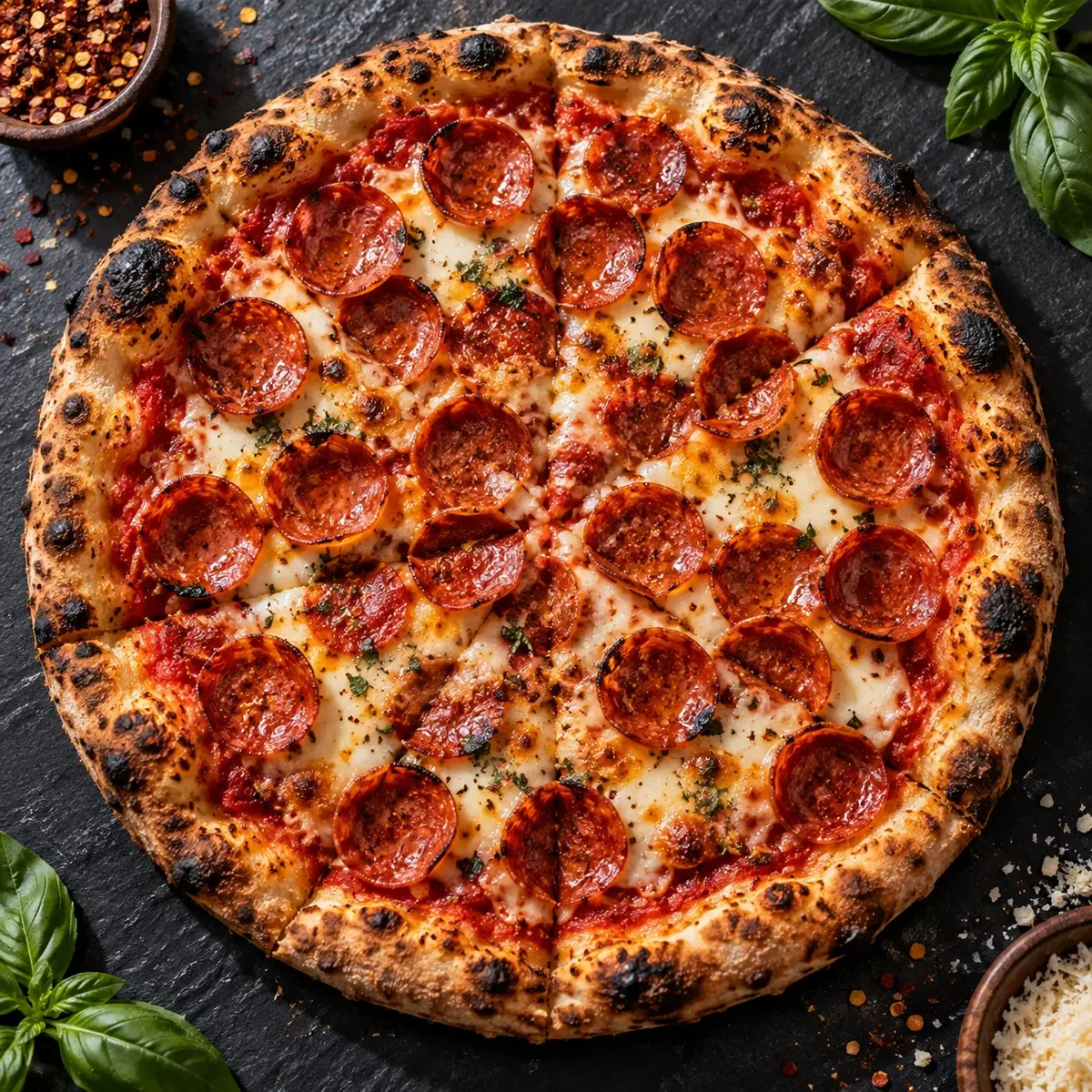 Wood-fired pepperoni pizza, overhead view