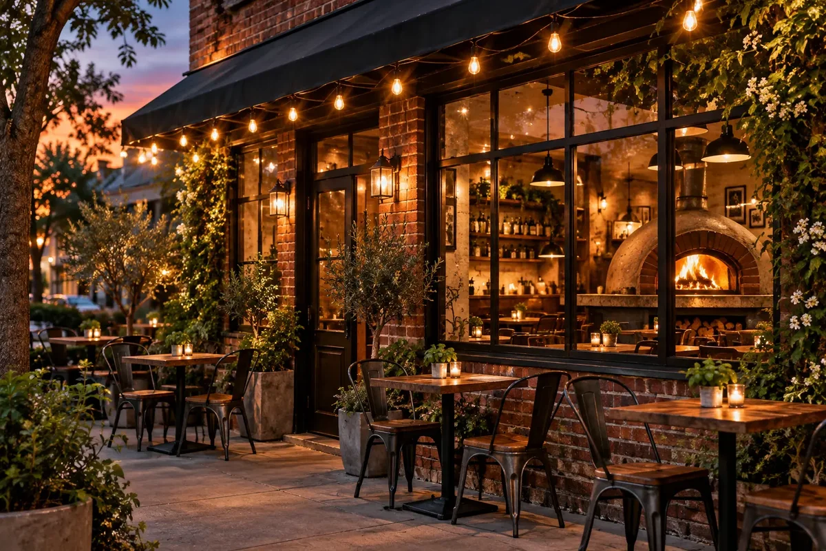 Slice House pizzeria storefront exterior at dusk