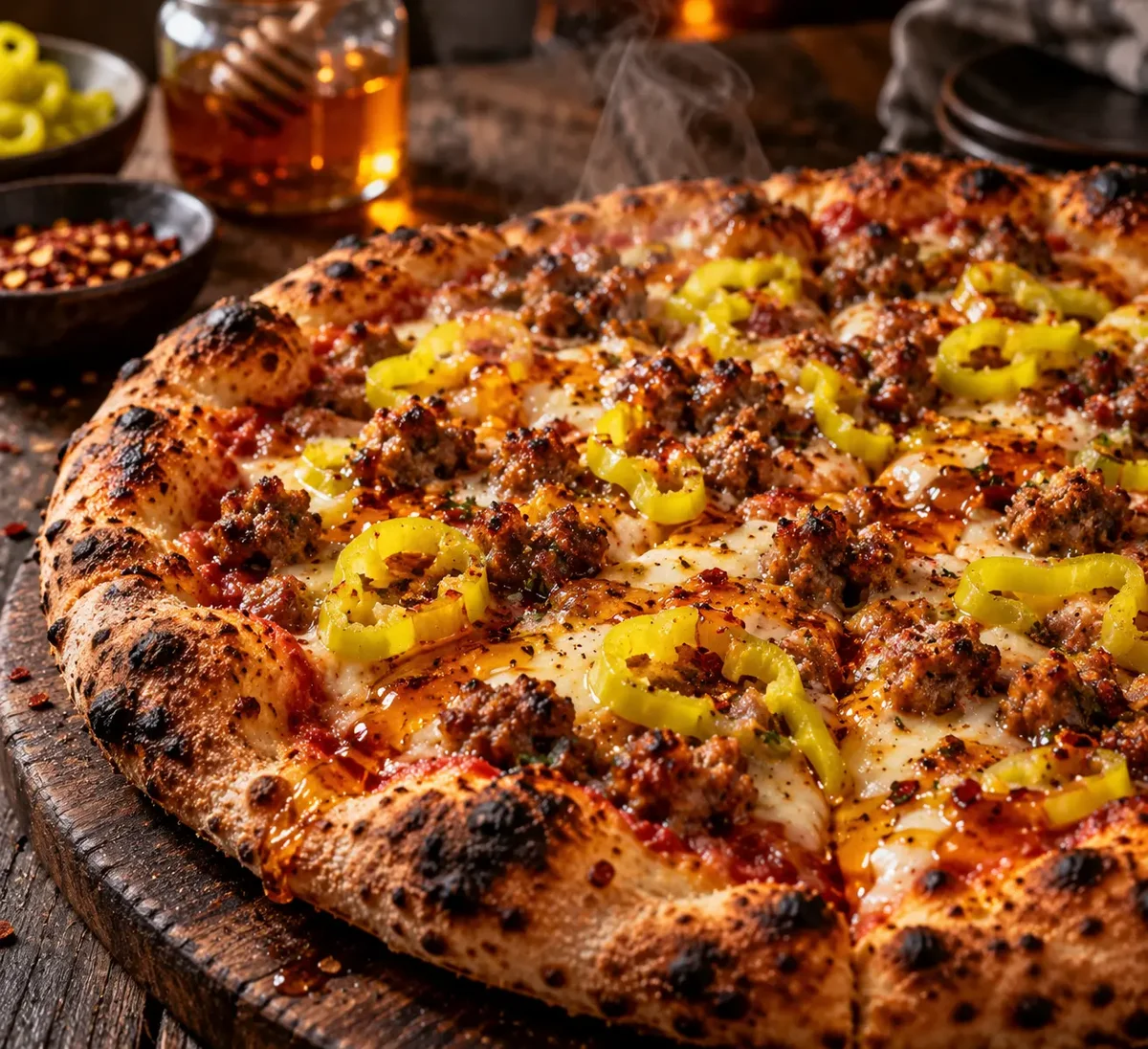 Spicy Italian pizza with sausage and banana peppers